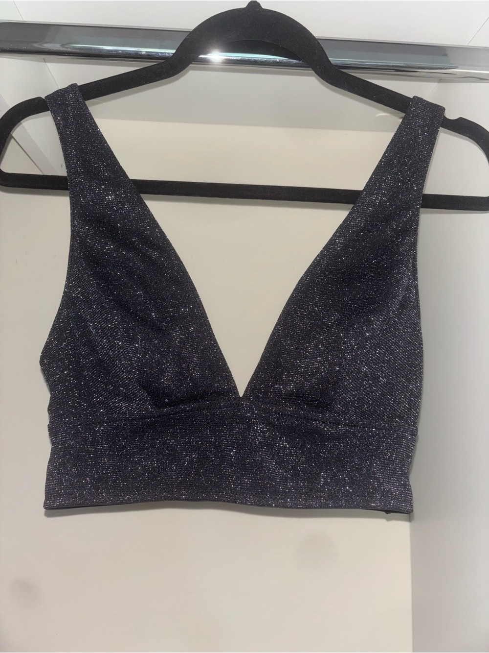 Black Shimmer Sparkle V Neck Plunge Bralette Crop Top